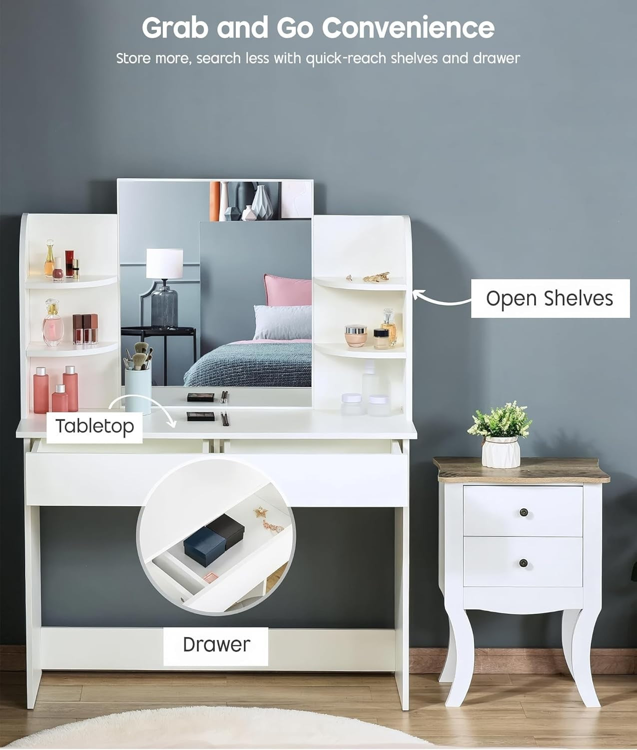 Vanity Dressing Table Desk White w/ Mirror 2 Drawers Storage Makeup Stool NOT In