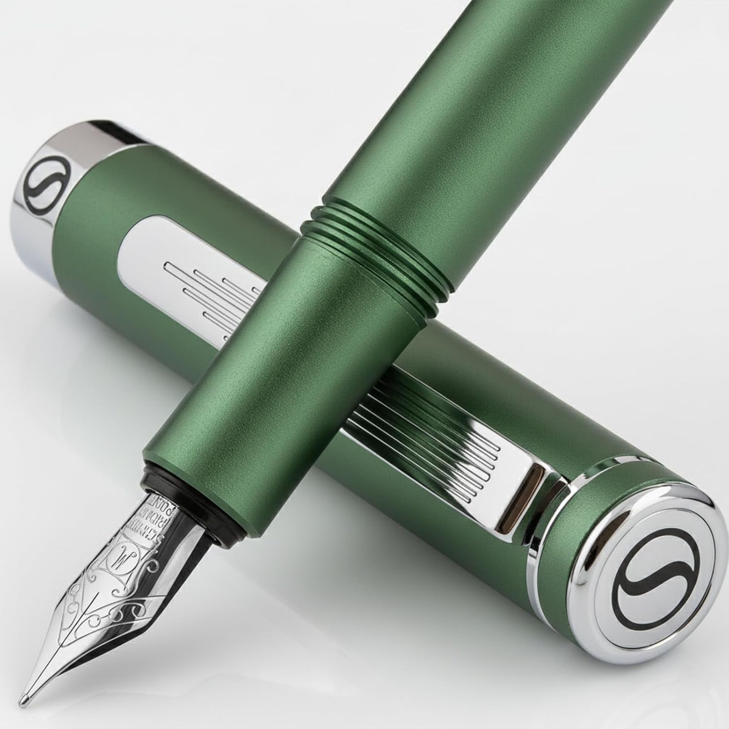 Luxury Fountain Pen Medium Nib Matt Green Chrome Gift Set