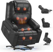 Power Lift Recliner Chair Massage Heat USB Type-C Cup Holders Faux Leather Black