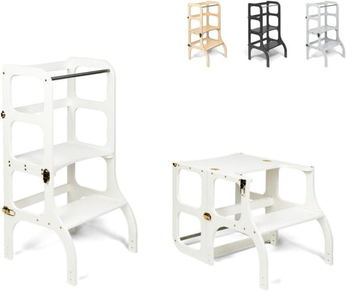 Montessori Helper Tower & Table 2-in-1 – White Convertible Stool w/ Gold Clasps