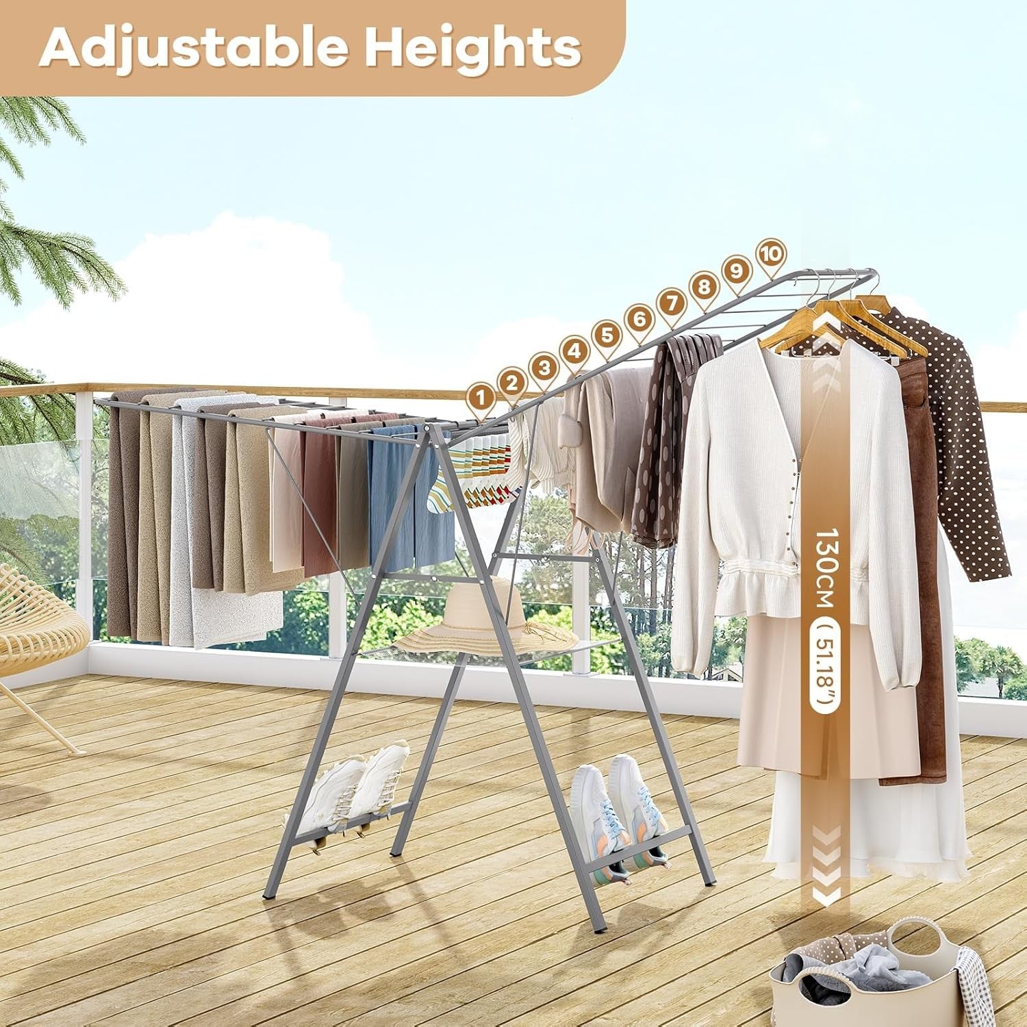 Large Foldable Clothes Drying Rack Adjustable Height Indoor Outdoor Airer