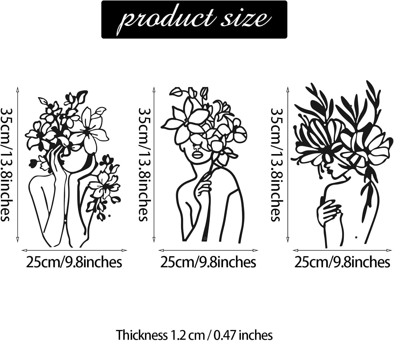3Pcs Metal Wall Art Abstract Woman Floral Line Decor Set