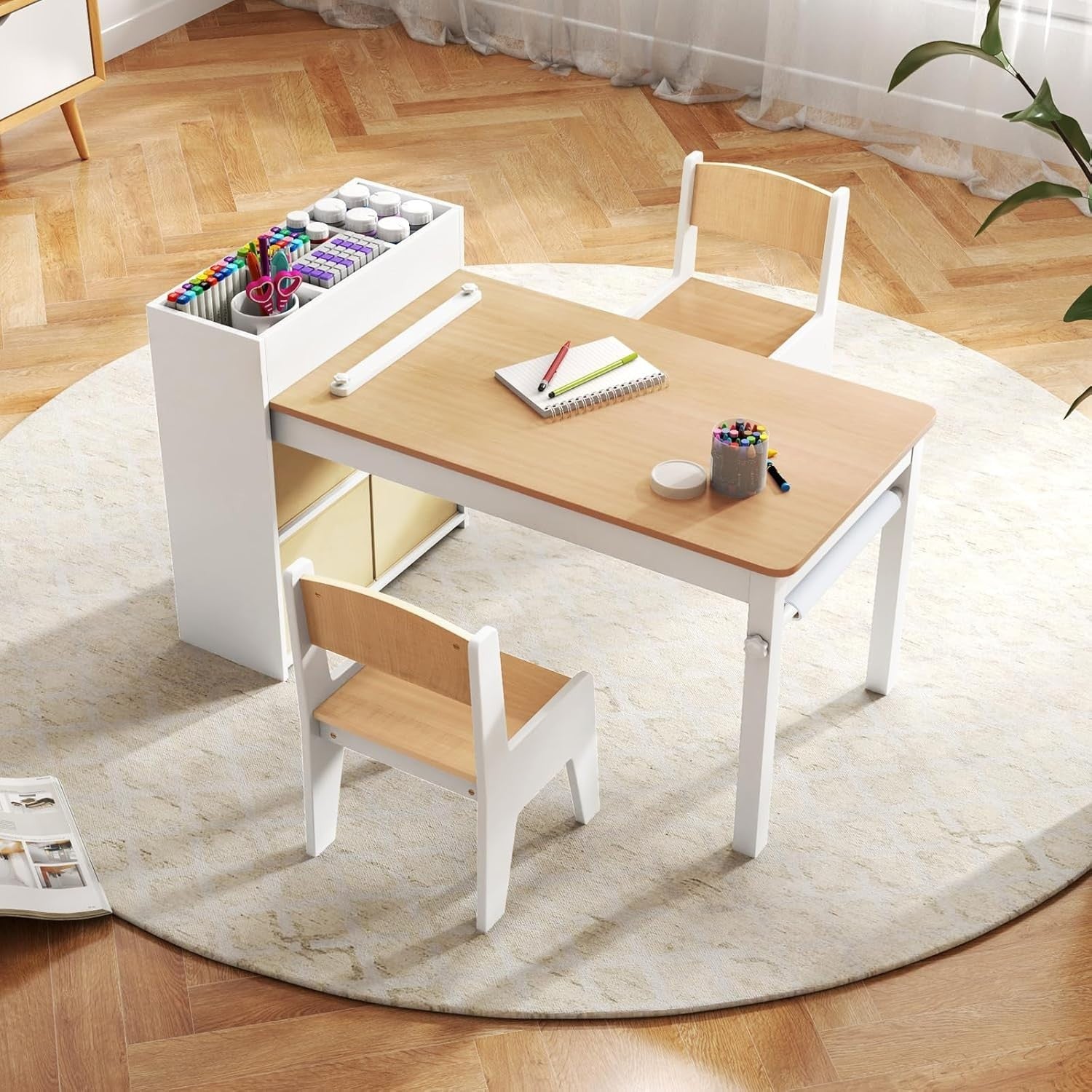 Kids Wooden Table and Chairs Set w/ Paper Roll Storage Bins Shelves Art Desk