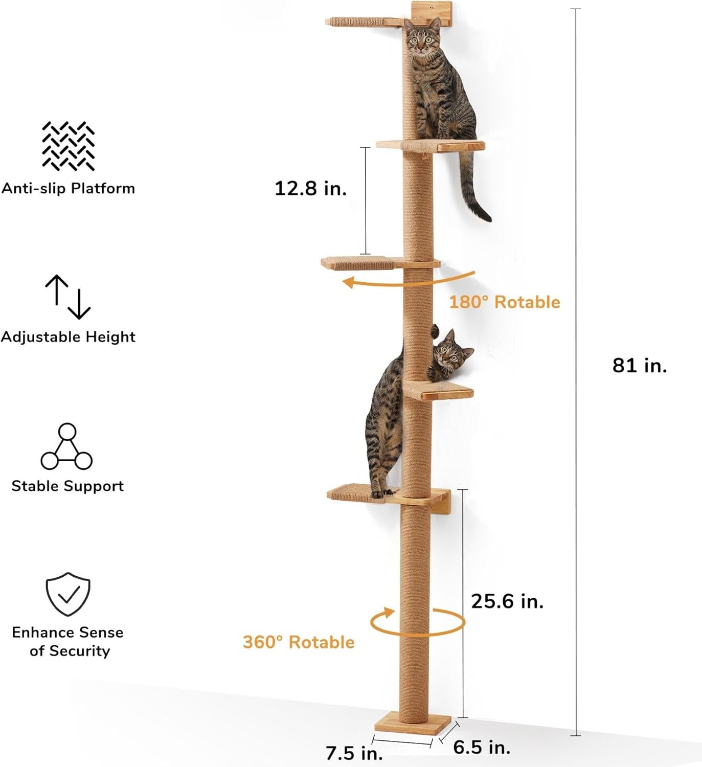 Tall Cat Tree Floor to Ceiling 5 Tier Wall Mounted Scratching Post Tower