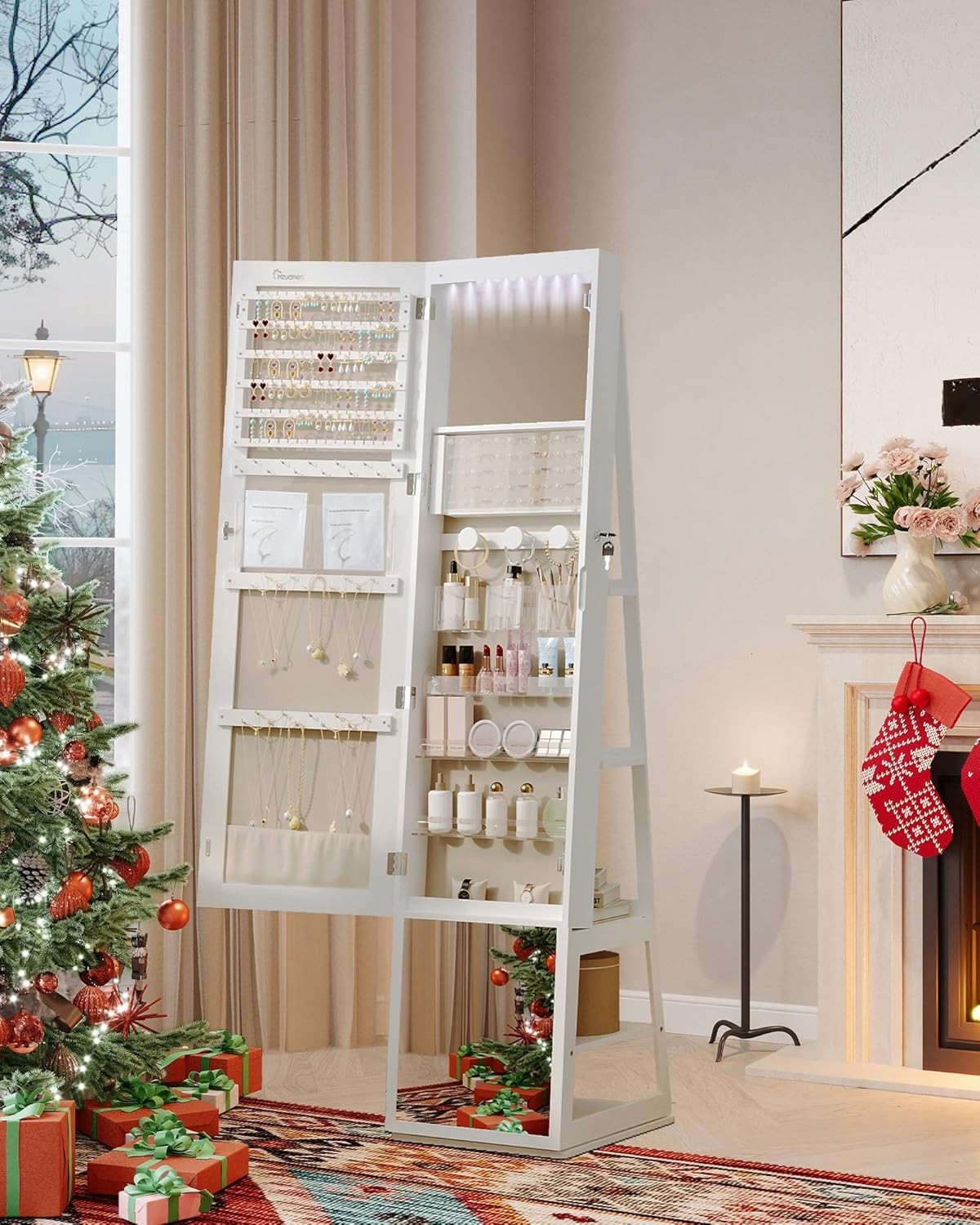 360° Rotating Mirror Jewellery Cabinet Lockable LED Storage Organizer