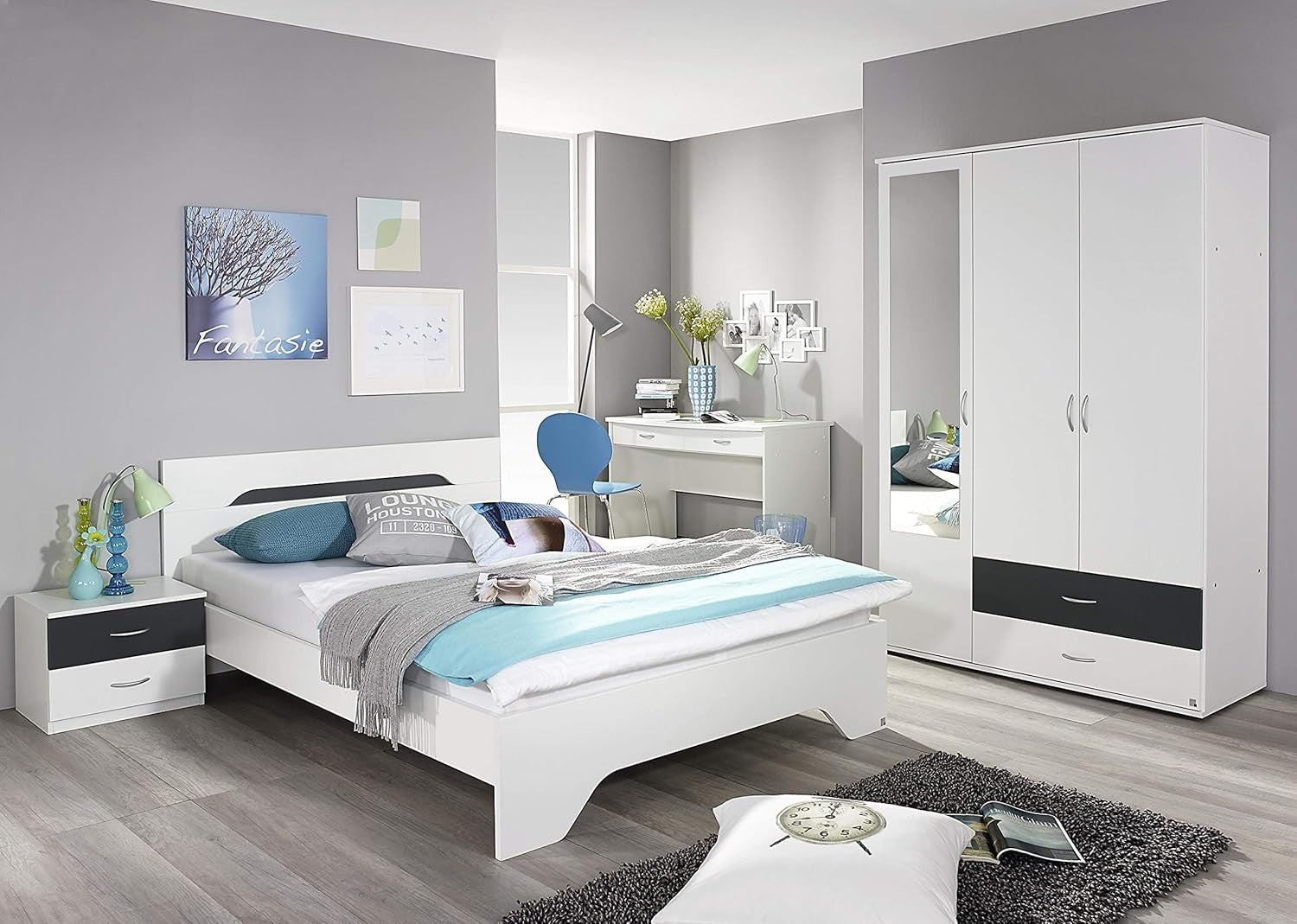 3 Door Wardrobe Mirror Drawers Hanging Rail Shelves White Grey Storage