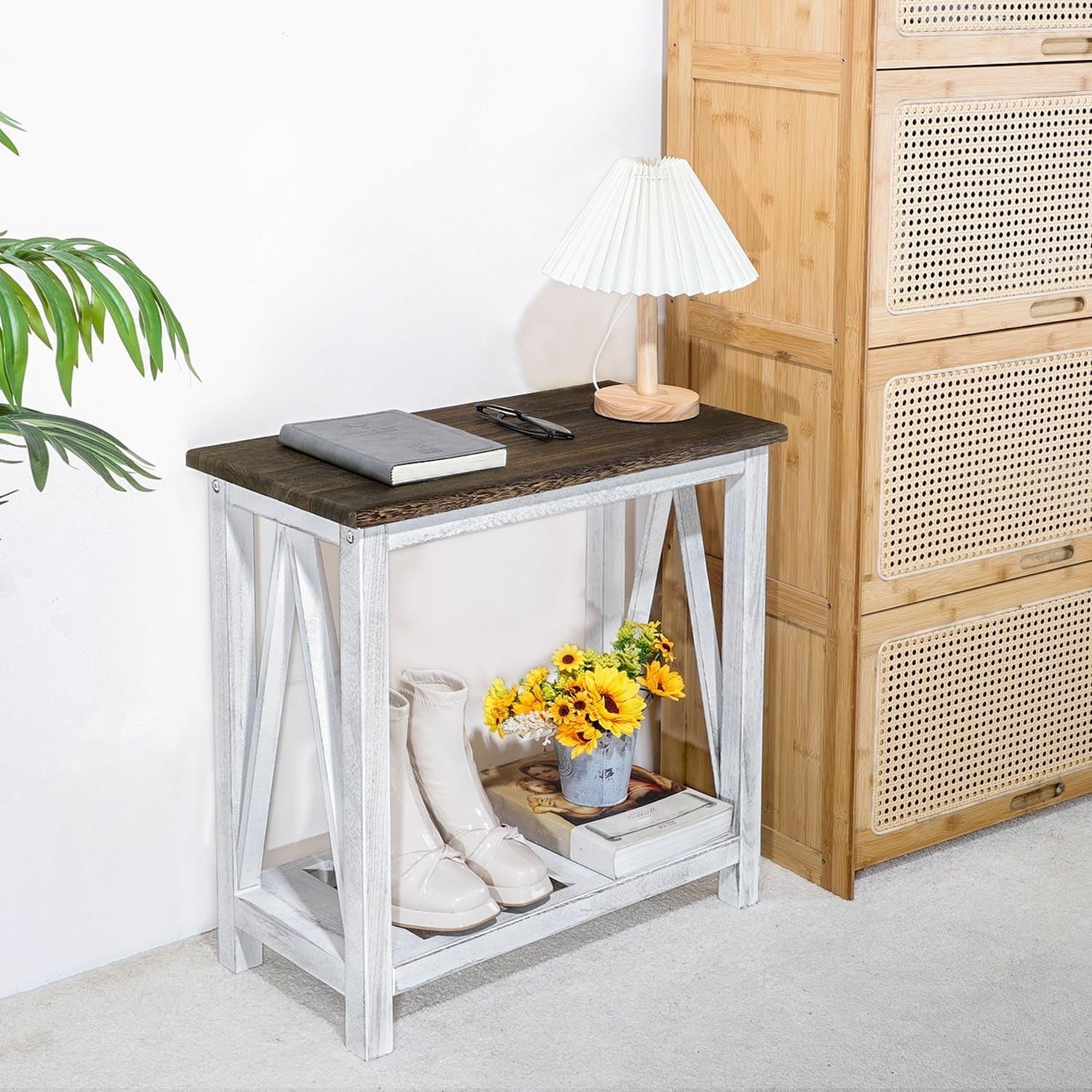 Rustic Brown & White Farmhouse End Table with Storage Shelf, Space-Saving