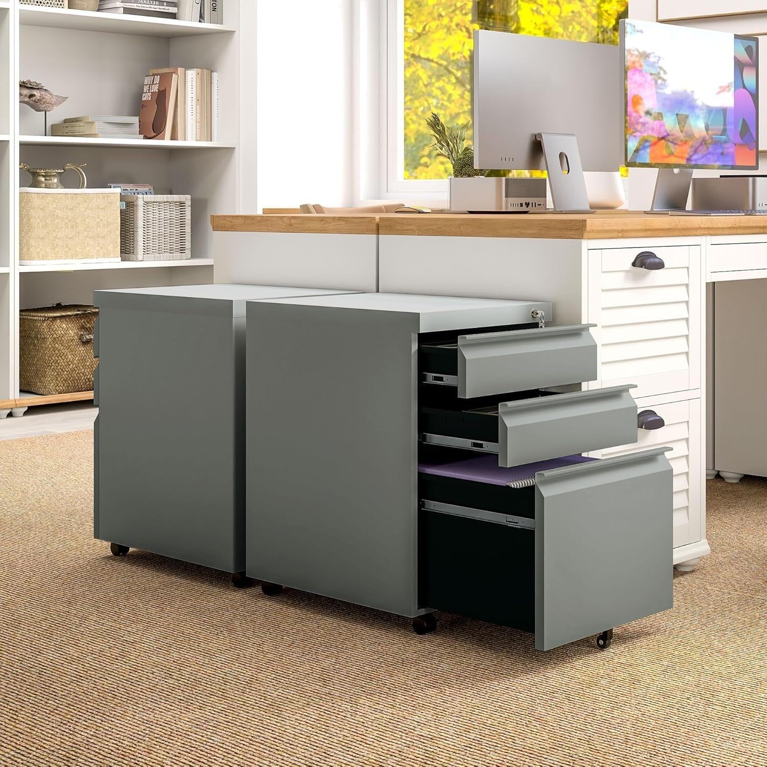 Grey 3 Drawer Lockable File Cabinet 39x48x60cm Mobile Alloy Steel