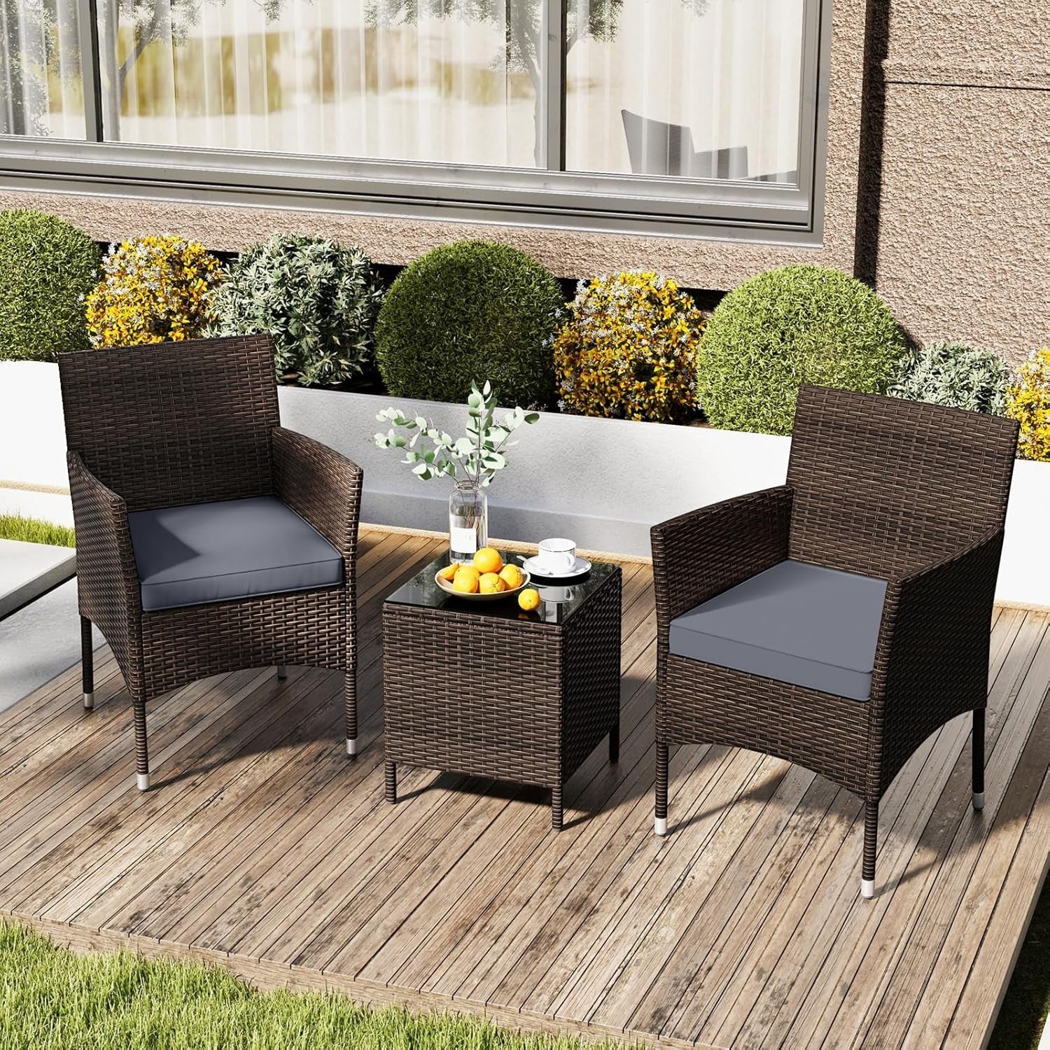 3PC Rattan Bistro Set Outdoor Patio Chairs Table Cushioned Balcony Set