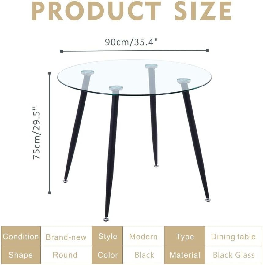 Round Black Glass Dining Table 90x90x75cm Chrome Legs Modern Kitchen