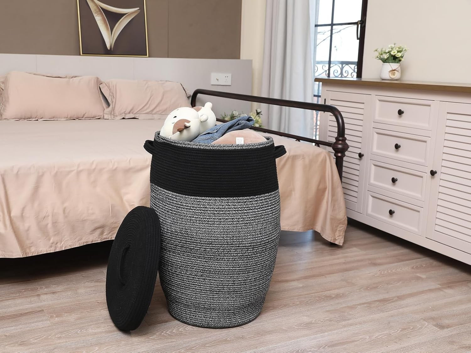 26" Tall Black Grey Mix Cotton Rope Laundry Basket with Lid Large Woven Storage