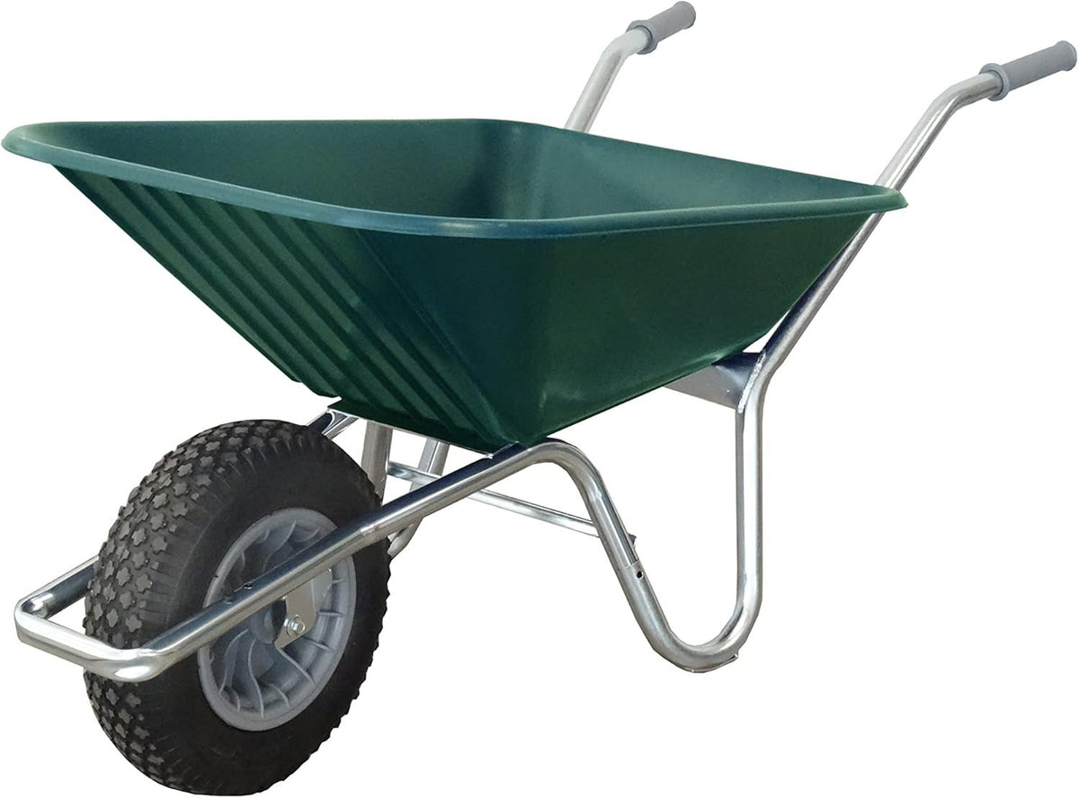 110L - Pneumatic Tyre Wheelbarrow - Green - Alloy Frame, PP Tray, 150kg Load