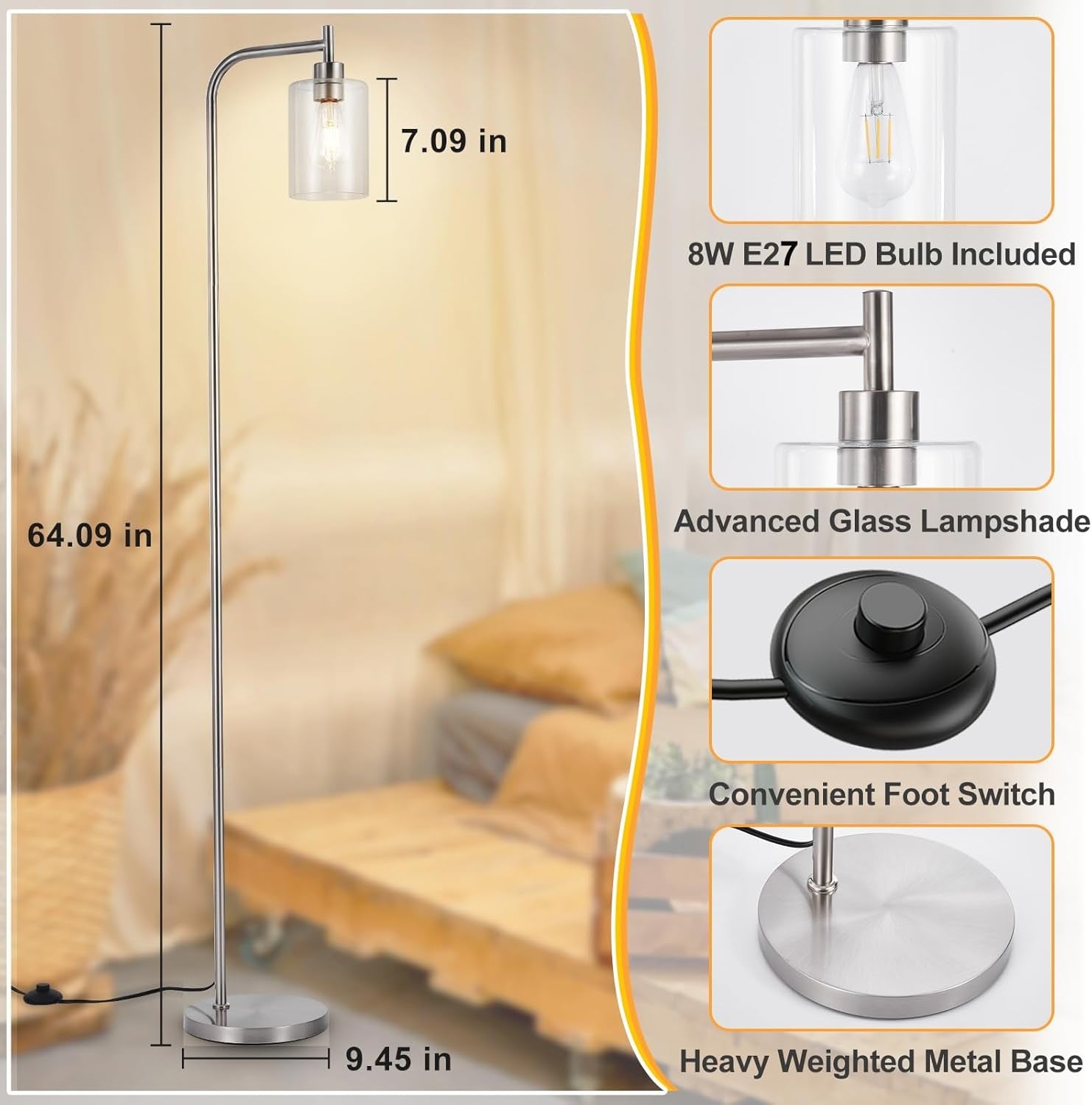 Tall Floor Lamp Nickel Clear Glass E27 LED Modern Industrial Corner Light