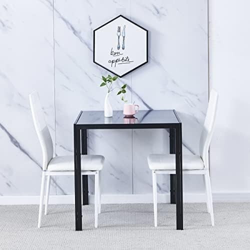 Square Glass Dining Table Set 75x75x75cm White Chairs 2-Seater