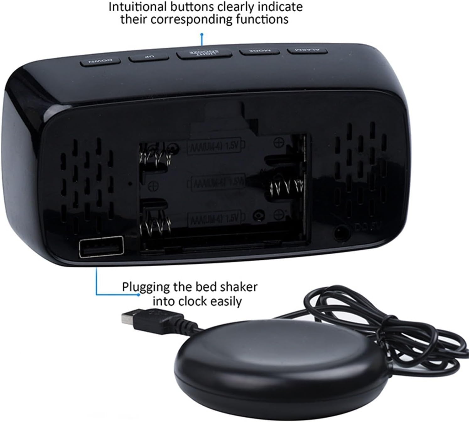 Extra Loud Vibrating Alarm Clock Bed Shaker USB Dual Power for Heavy Sleepers