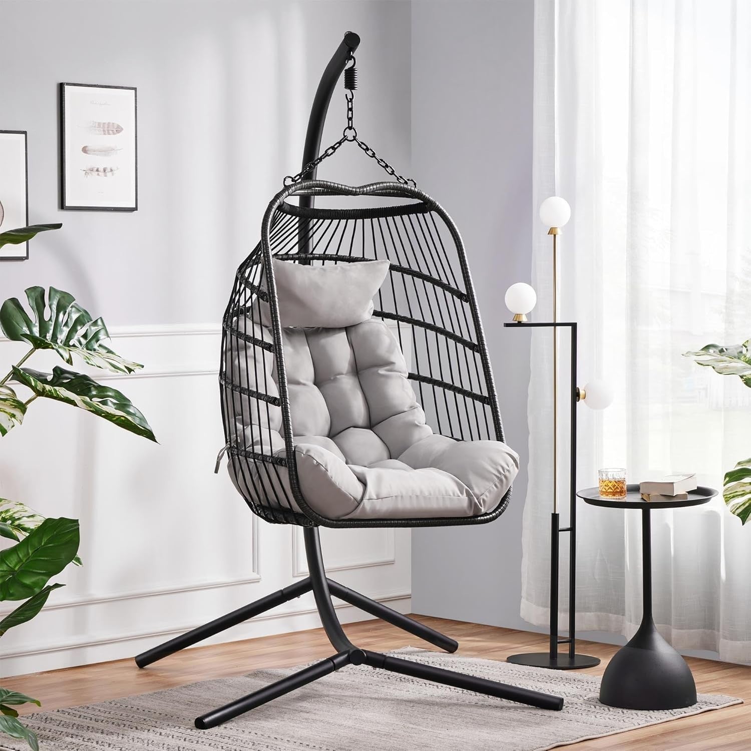 Egg Swing Chair with Stand Garden Hanging Rattan Hammock Indoor Outdoor