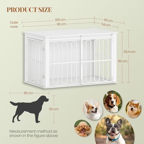HEXCELEN Wooden Dog Crate White – Small/Medium Indoor Pet Cage & Side Table