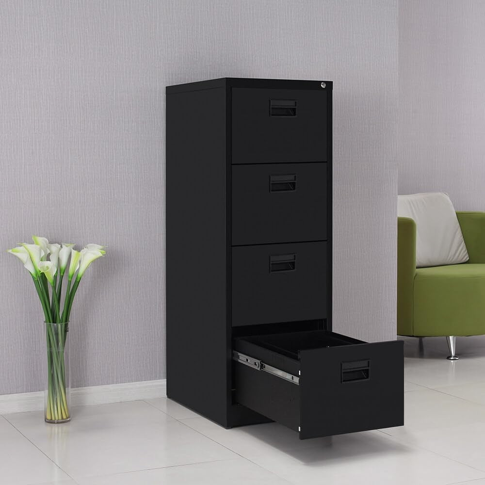 Black Metal Filing Cabinet 4 Drawer Lockable 132cm Office Storage