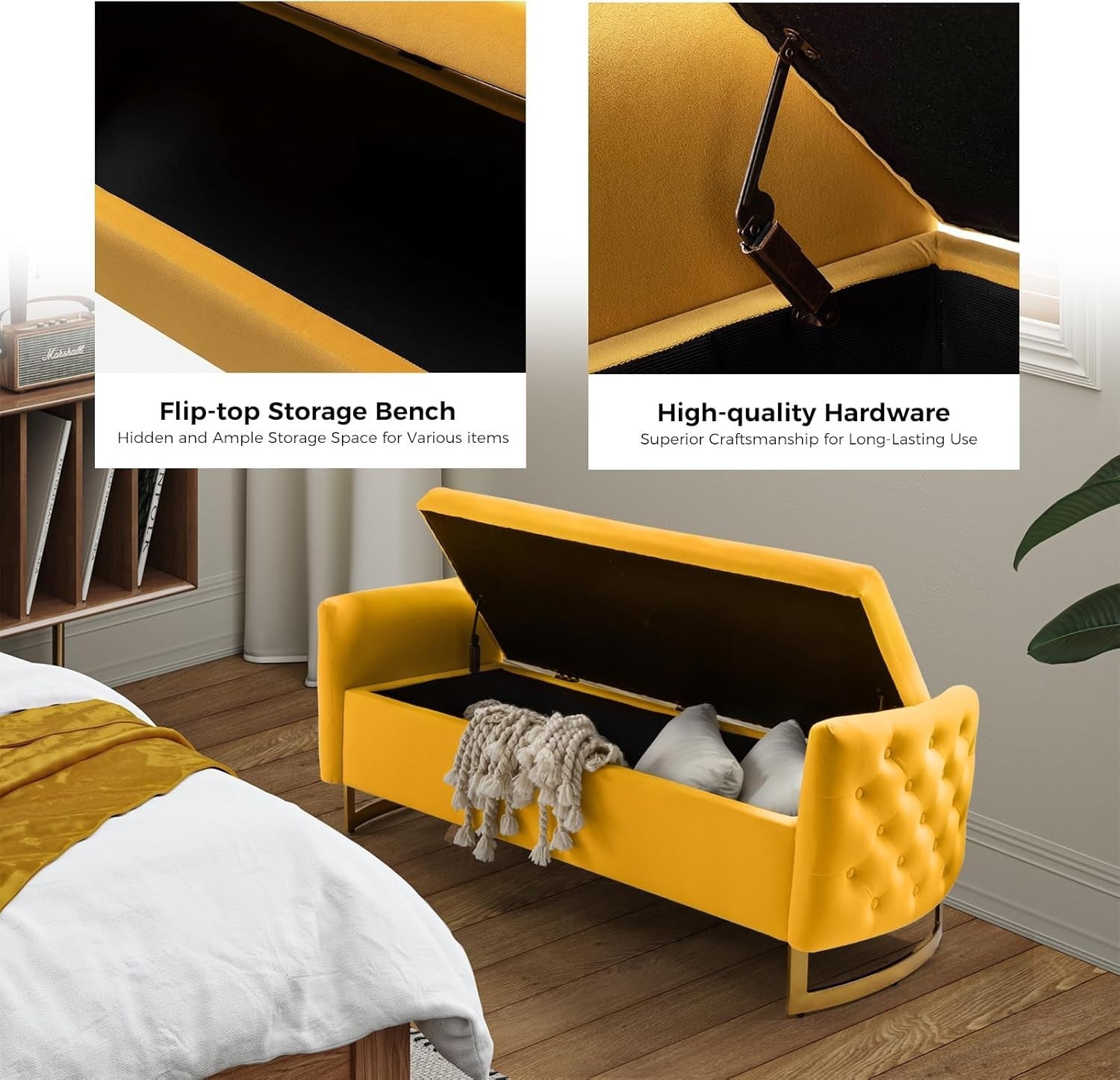Yellow Storage Ottoman Bench with Pillows & Metal Legs - Bedroom End Seat