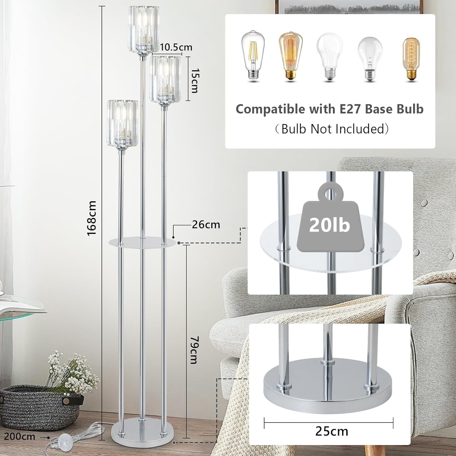 3-Light Modern Floor Lamp with Shelves | Crystal Shades | Chrome Finish