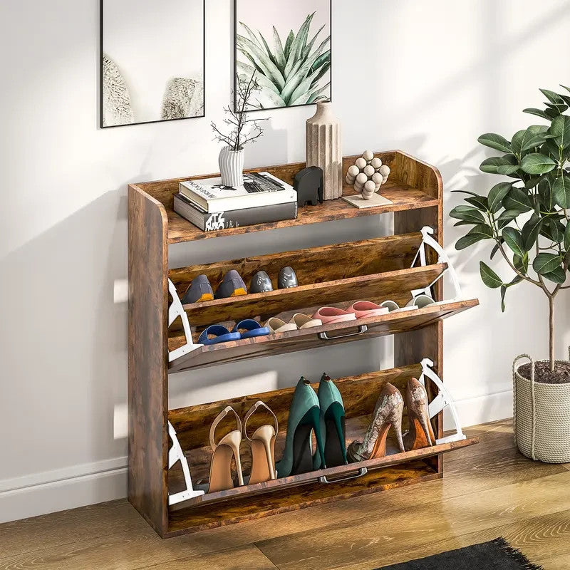 Rustic Farmhouse Shoe Cabinet with Flip Drawers & Barn Door Design – 80cm