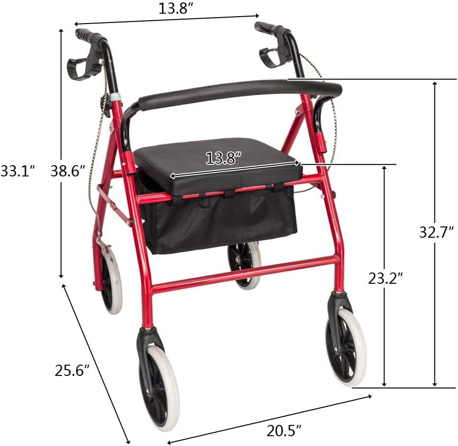 4 Wheel Rollator Walker with Seat Folding 8 Inch Wheels Lightweight Support