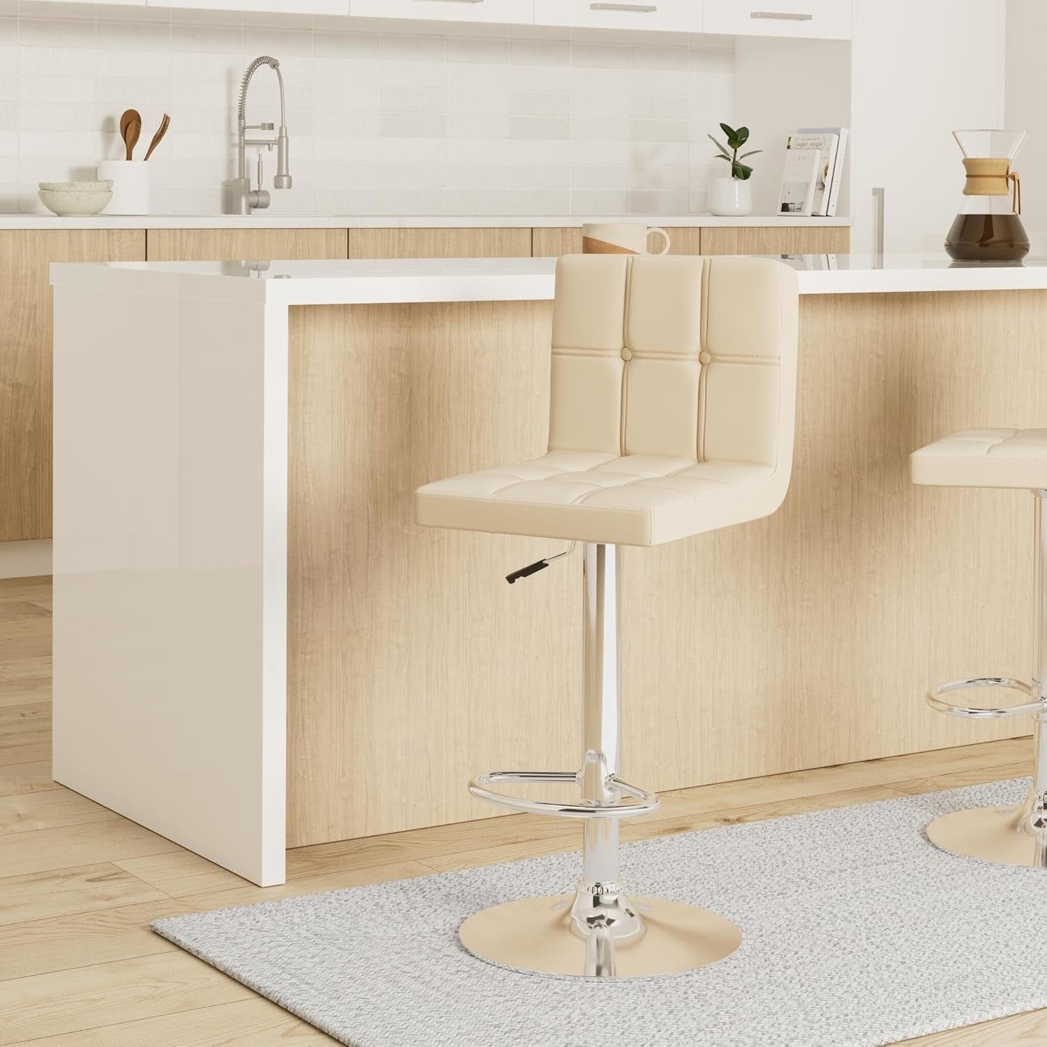 Adjustable Beige PU Leather Bar Stools Set of 2 | Swivel Counter Chairs