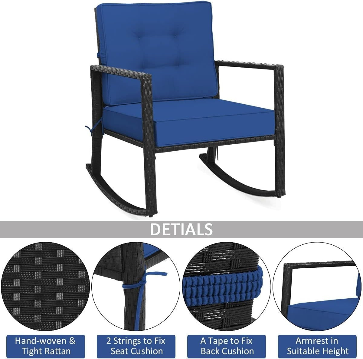 Outdoor Rocking Chair with Cushions & Wide Armrests for Patio Comfort