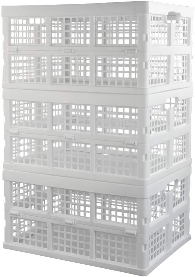 Set of 3 30L Folding Plastic Storage Crates Stackable 44x33x23cm White