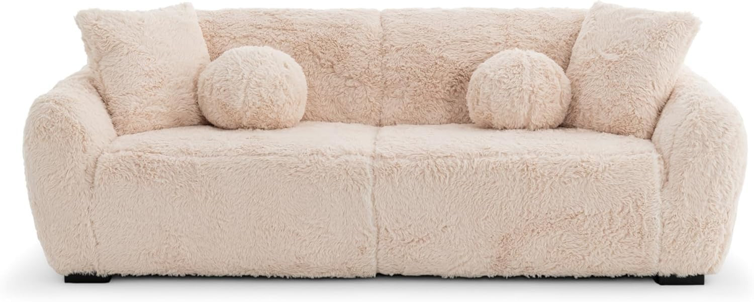 Teddy Sofa 3 Seater Cream Faux Fur, Deep Plush Seat, Fluffy Modern Couch