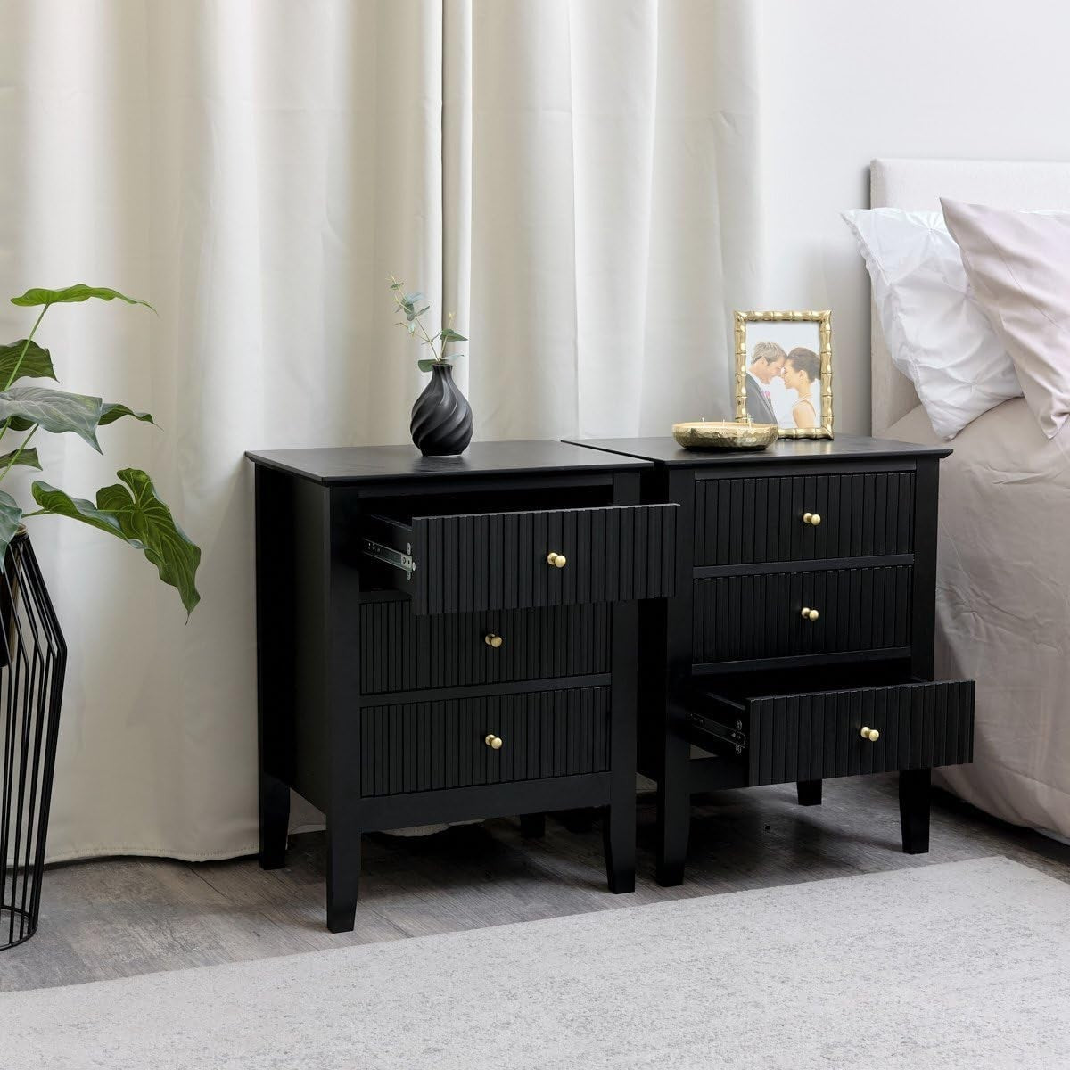 Pair of Black 3 Drawer Bedside Tables – Modern Wood Nightstands with Gold Handle