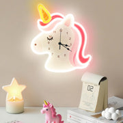 Unicorn Neon Wall Clock LED Dimmable Silent Kids Bedroom Home Decor
