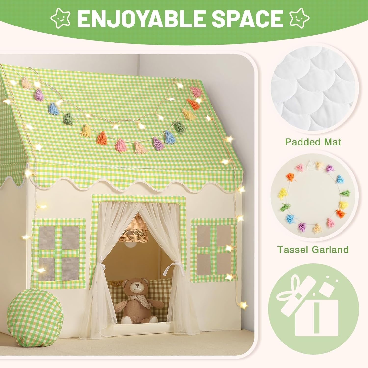 Kids Play Tent with Padded Mat Indoor Fairy Tale Playhouse Green