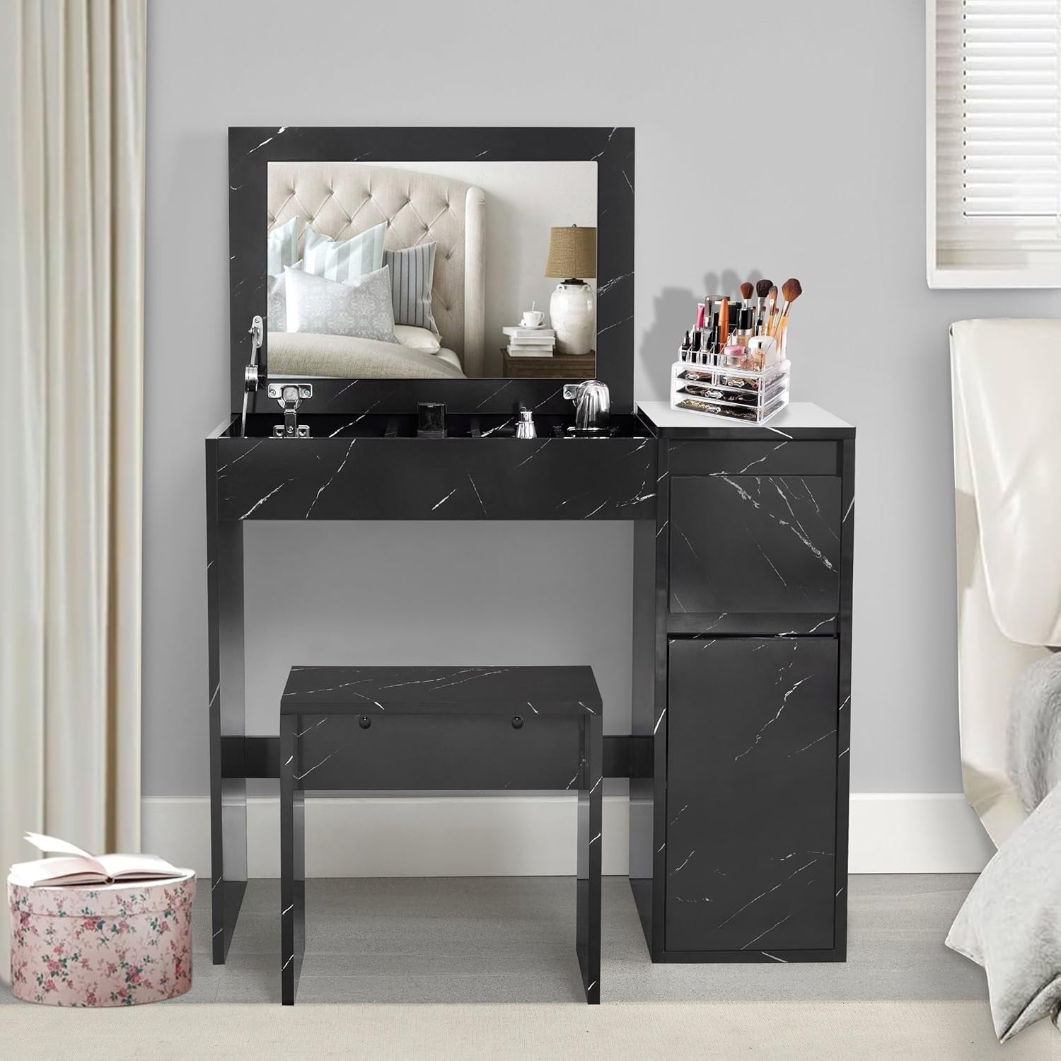 2-in-1 Dressing Table Vanity Makeup Desk Flip Mirror Storage Drawer Black Marble