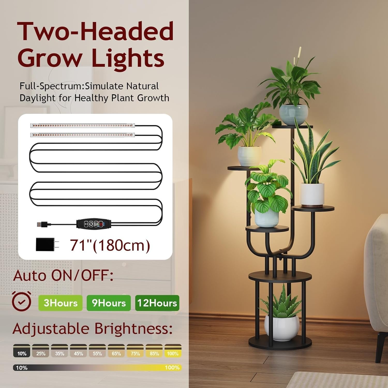 6 Tier Tall Metal Wood Plant Stand Indoor Corner Shelf Rack with Grow Light