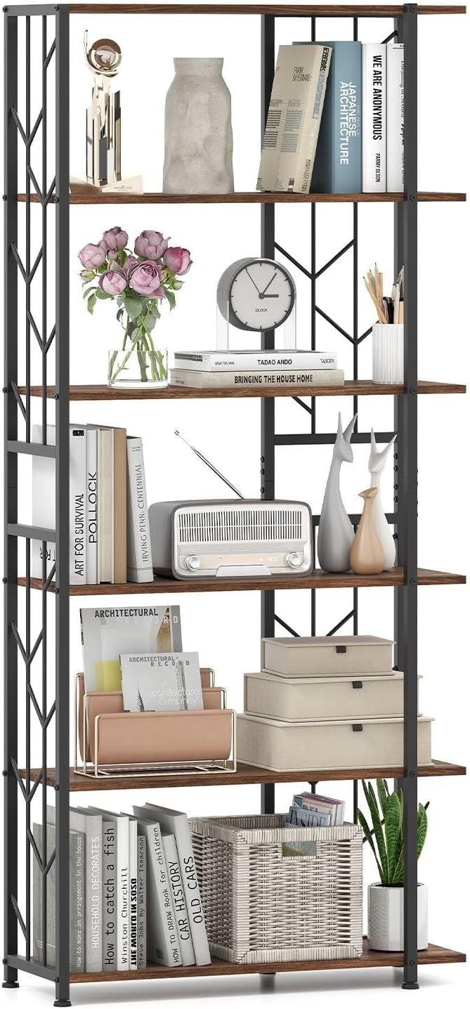 Industrial 5/6 Tier Bookshelf Tall Metal & Wood Display Storage Rack 80×31×180cm
