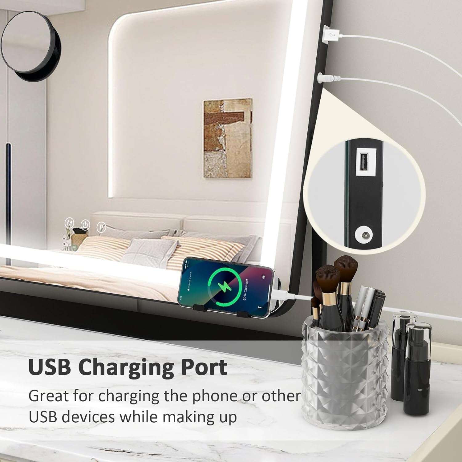 LED Vanity Mirror 60x50cm with 360° Rotation, Touch Control & USB Port
