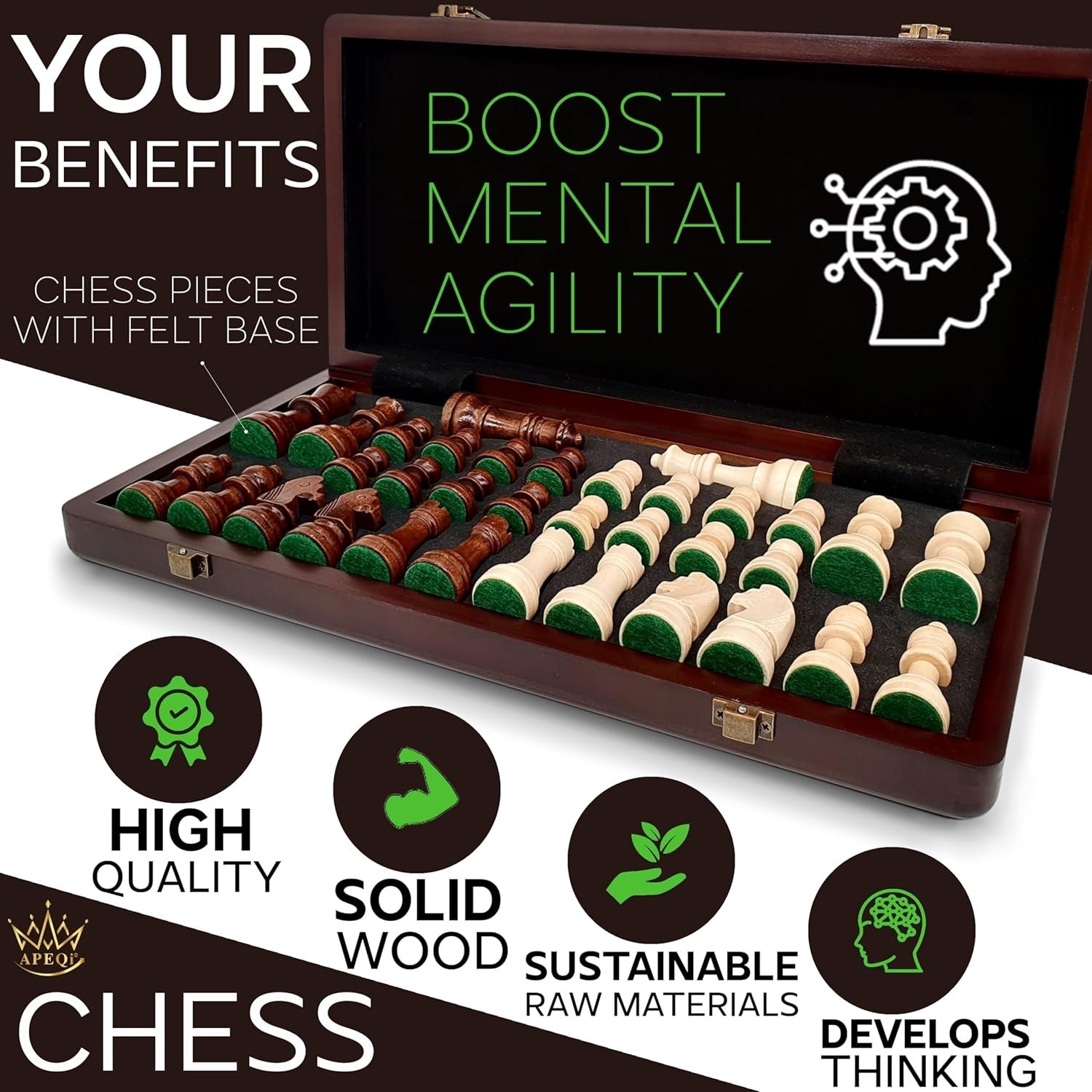 15" Magnetic Wooden Chess Set Luxury 38cm Folding Board + Extra Queens