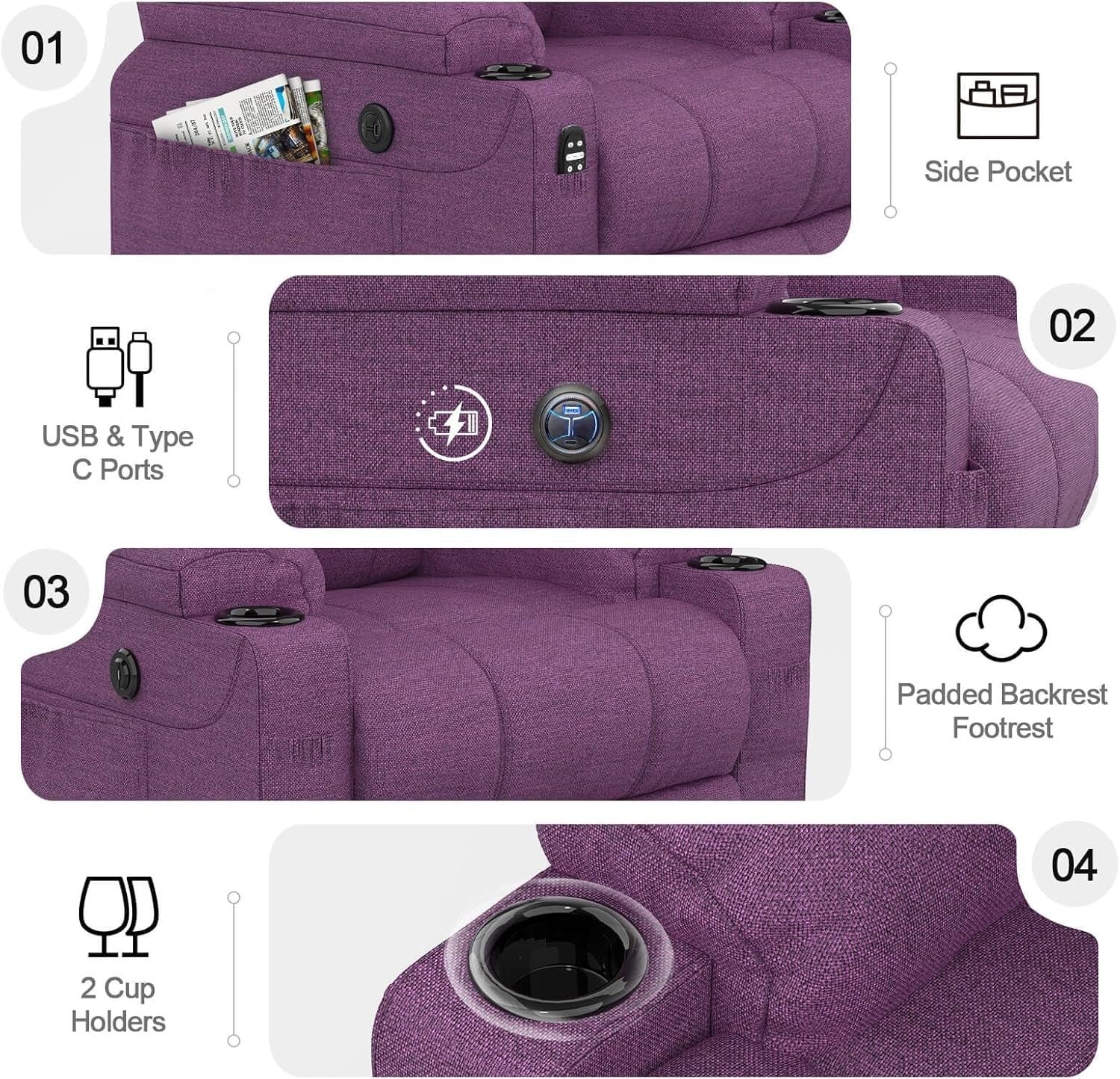 Power Lift Recliner Chair Massage Heat USB Type-C Cup Holders Fabric Purple