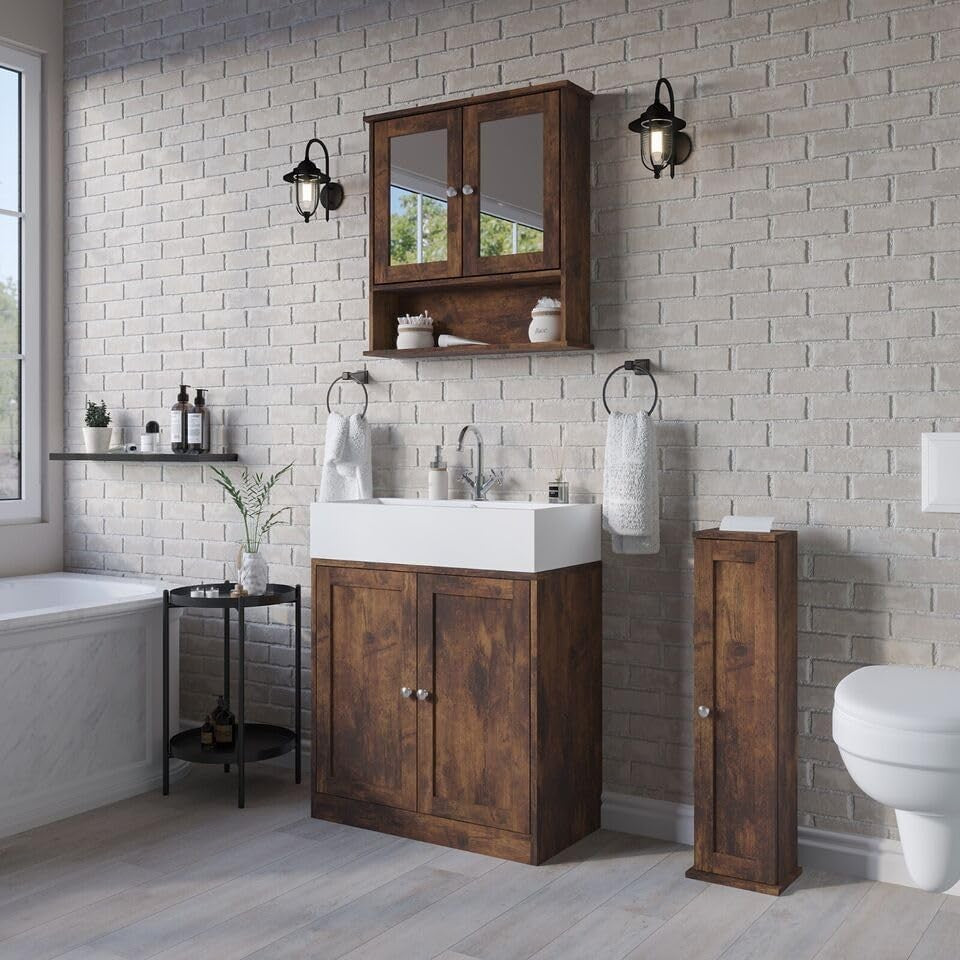 Rustic Brown 3 Piece Bathroom Set – Under Sink Cabinet, Mirror & Toilet Unit