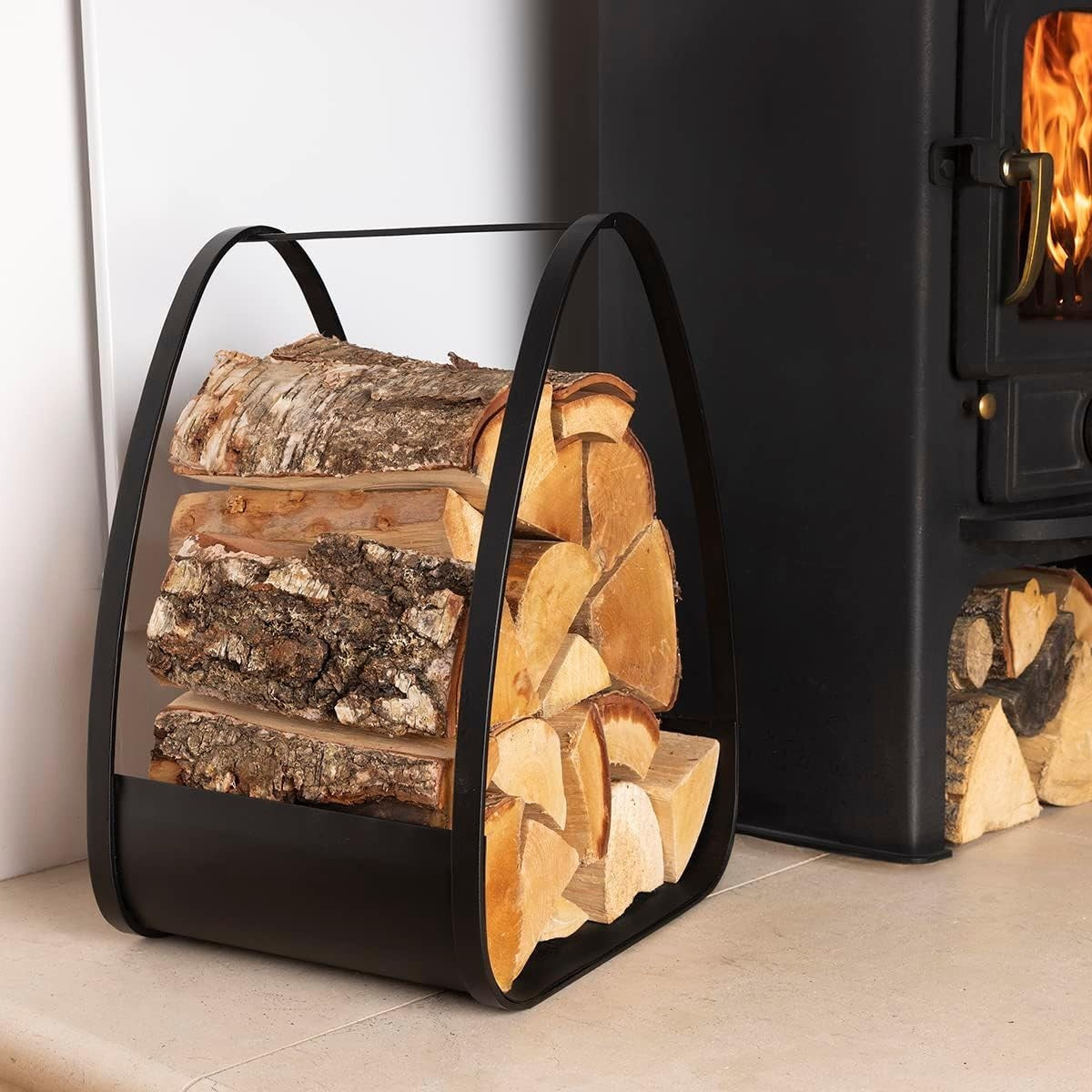 6kg Firewood Log Holder Indoor Outdoor Iron Rack Black Matte Modern Tidy