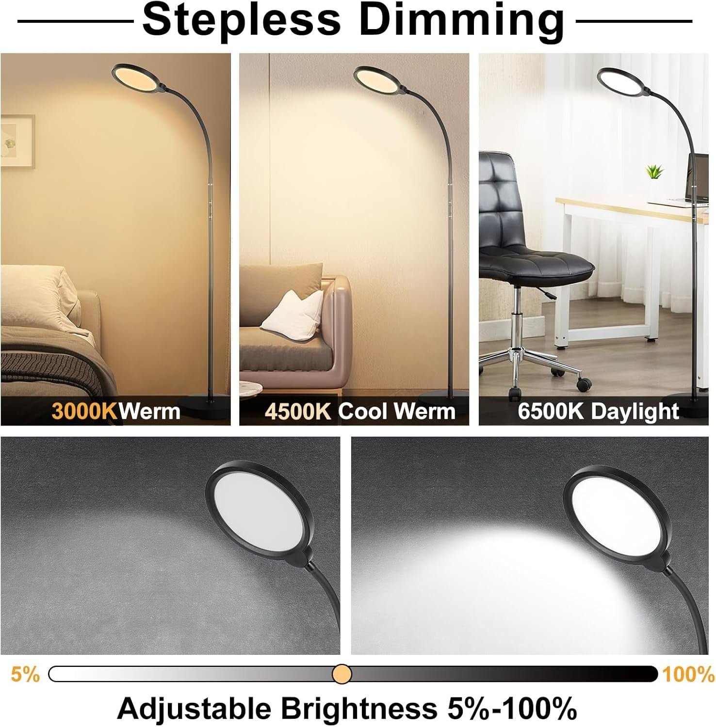 LED Floor Lamp Reading Light Dimmable Gooseneck Remote Touch Control