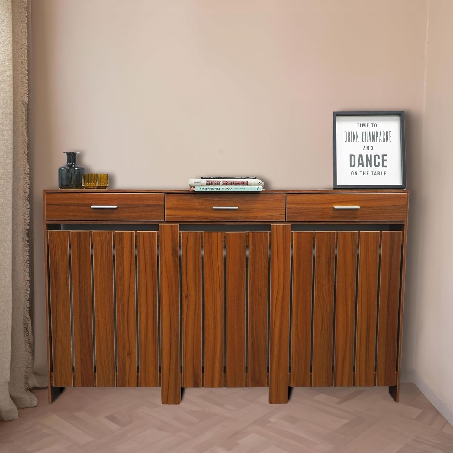 Wood Radiator Cover with Drawers Vertical Slat W152xH96cm Modern Oak Cabinet