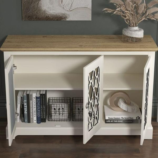 Ivory Oak 3 Door Sideboard Storage Cabinet Adjustable Shelves Durable Wood