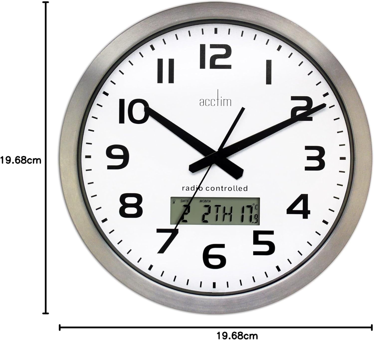 Radio Wall Clock Digital LCD Display Temp Date Home Office 38cm Silent