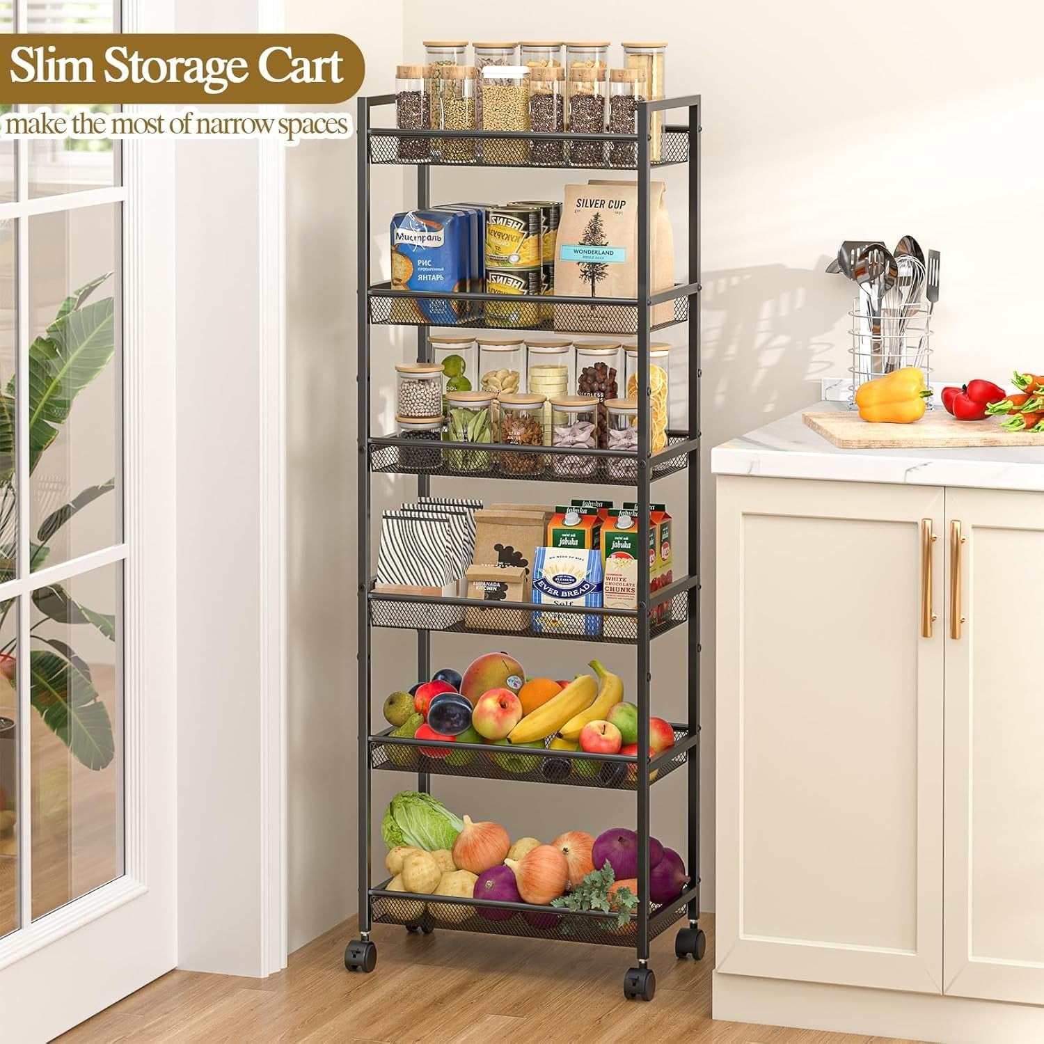6 Tier Slim Rolling Storage Cart Narrow Utility Shelf with Wheels Black