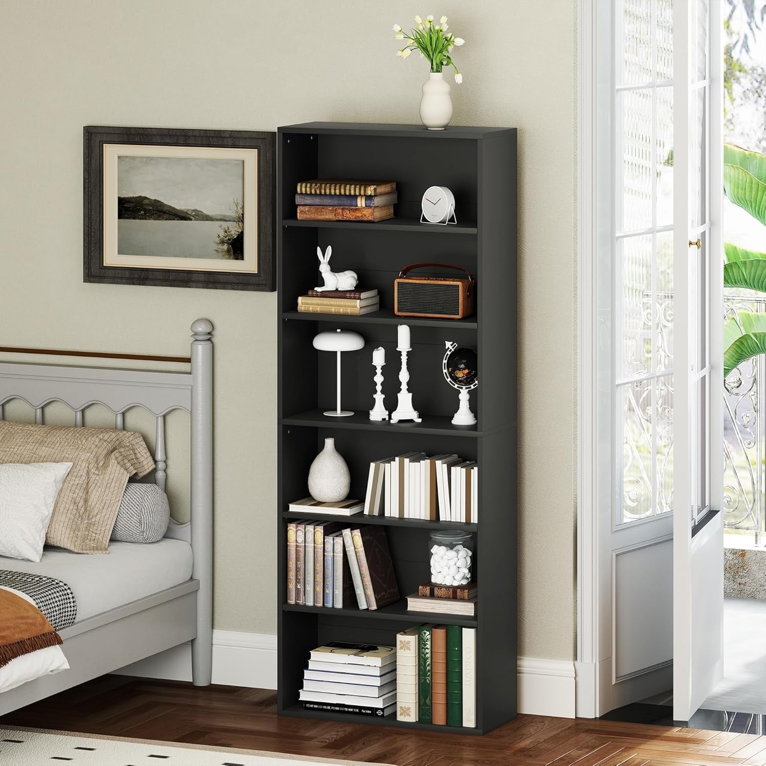Black 6-Tier Tall Bookcase Adjustable Shelves Modern Narrow Storage Unit
