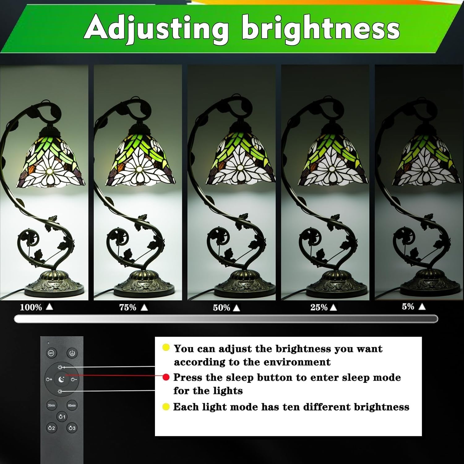 Stained Glass Table Lamp Dimmable LED Remote 3 Light Modes for Bedroom
