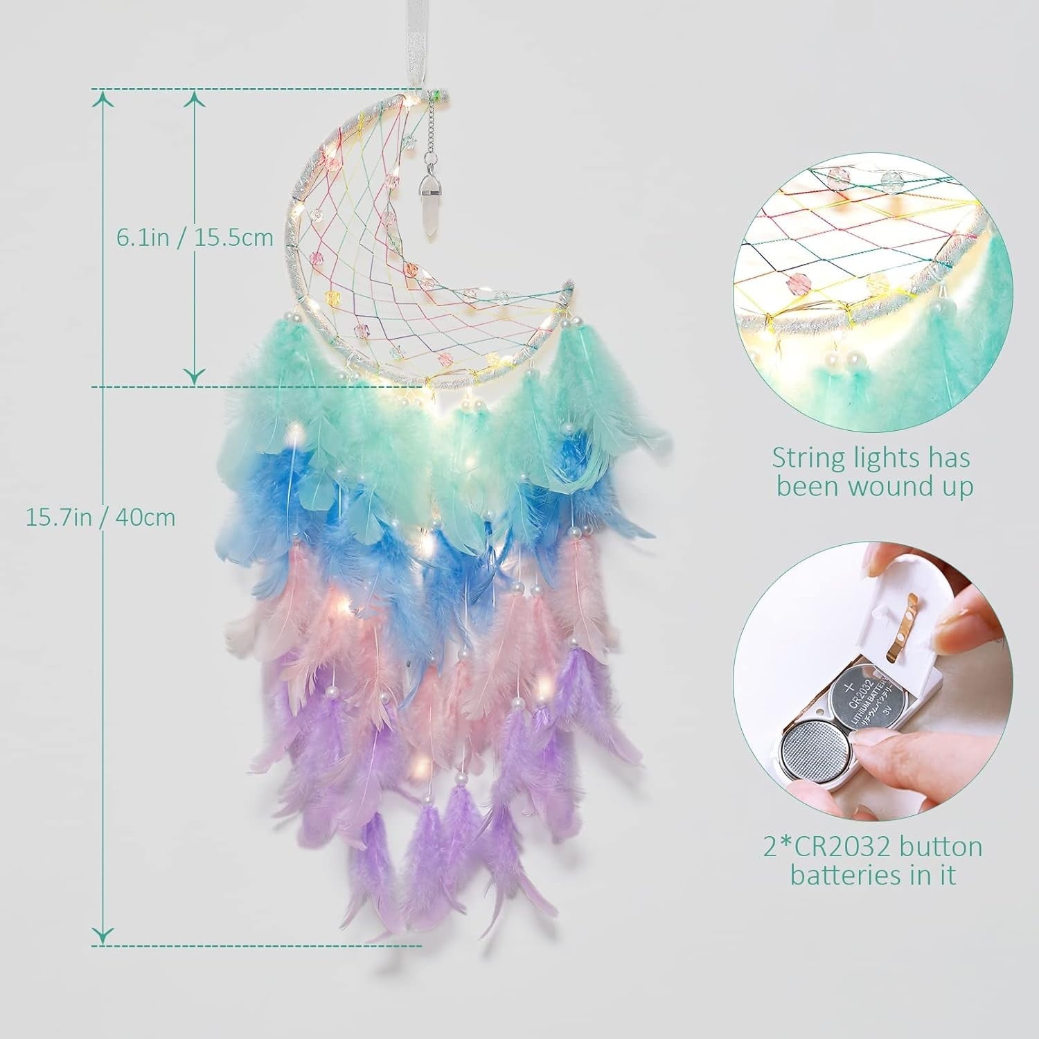 Boho Moon Dream Catcher Rainbow Feathers Fairy Lights Wall Decor