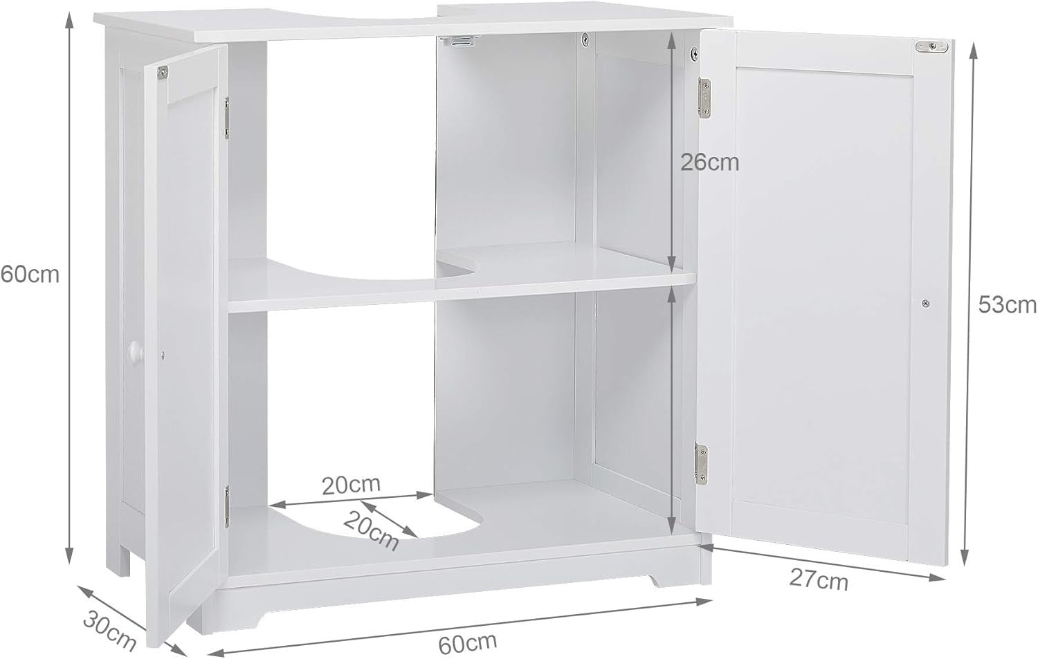 White Under Sink Bathroom Cabinet 60x30x60cm | Shaker Doors & Storage Shelf
